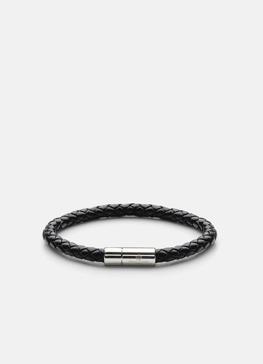 Leather Bracelet 6 mm. Steel/Black - Medium